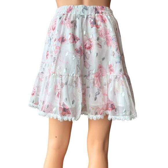 NWT Beulah Style Cream Pink Floral Ruffle Lace Trim Mini Skirt - Picture 5 of 6